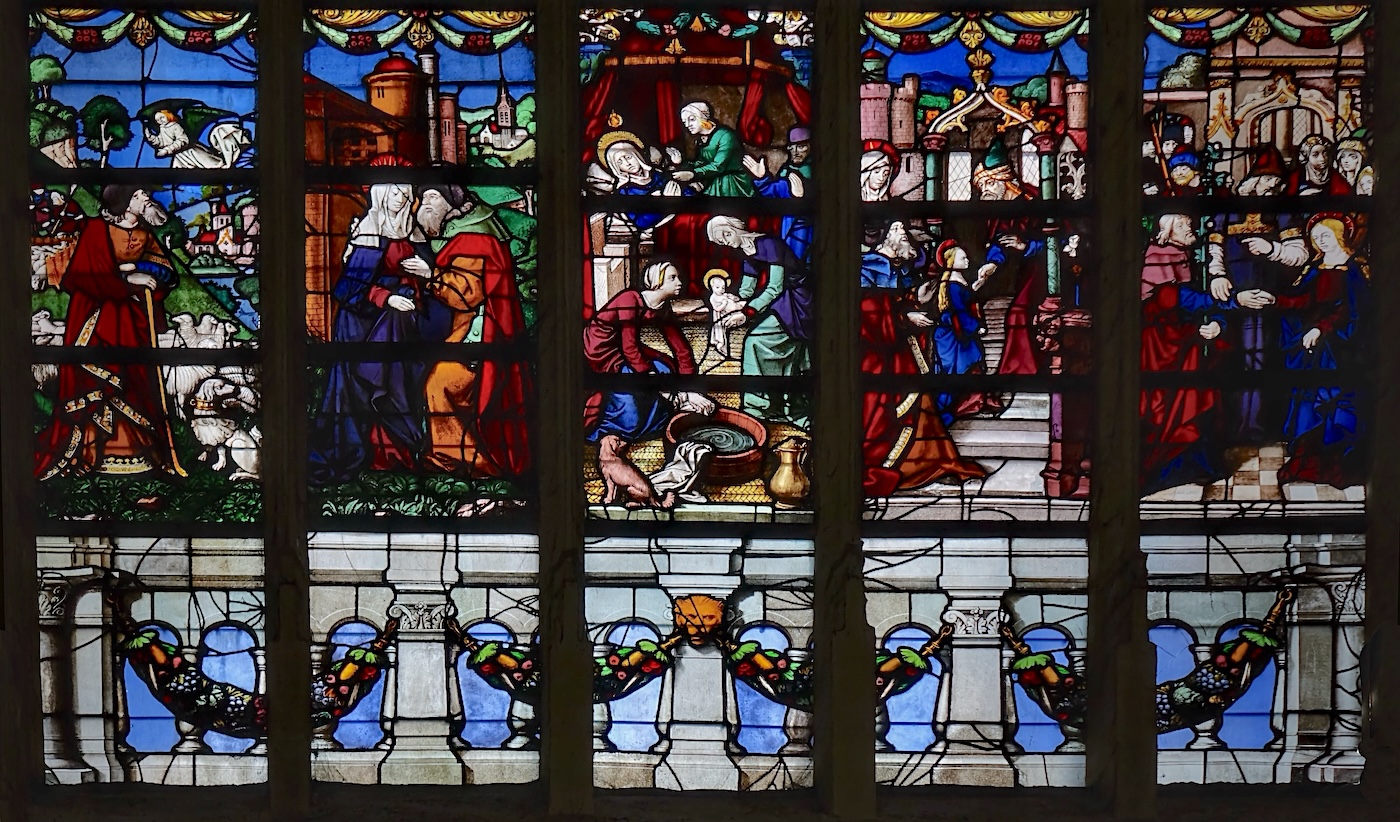 [1] l'annonce à Joachim [2] rencontre d'Anne et de Joachim à la Porte dorée [3] la naissance de Marie [4] la présentation au temple [5] le mariage de Marie et Joseph