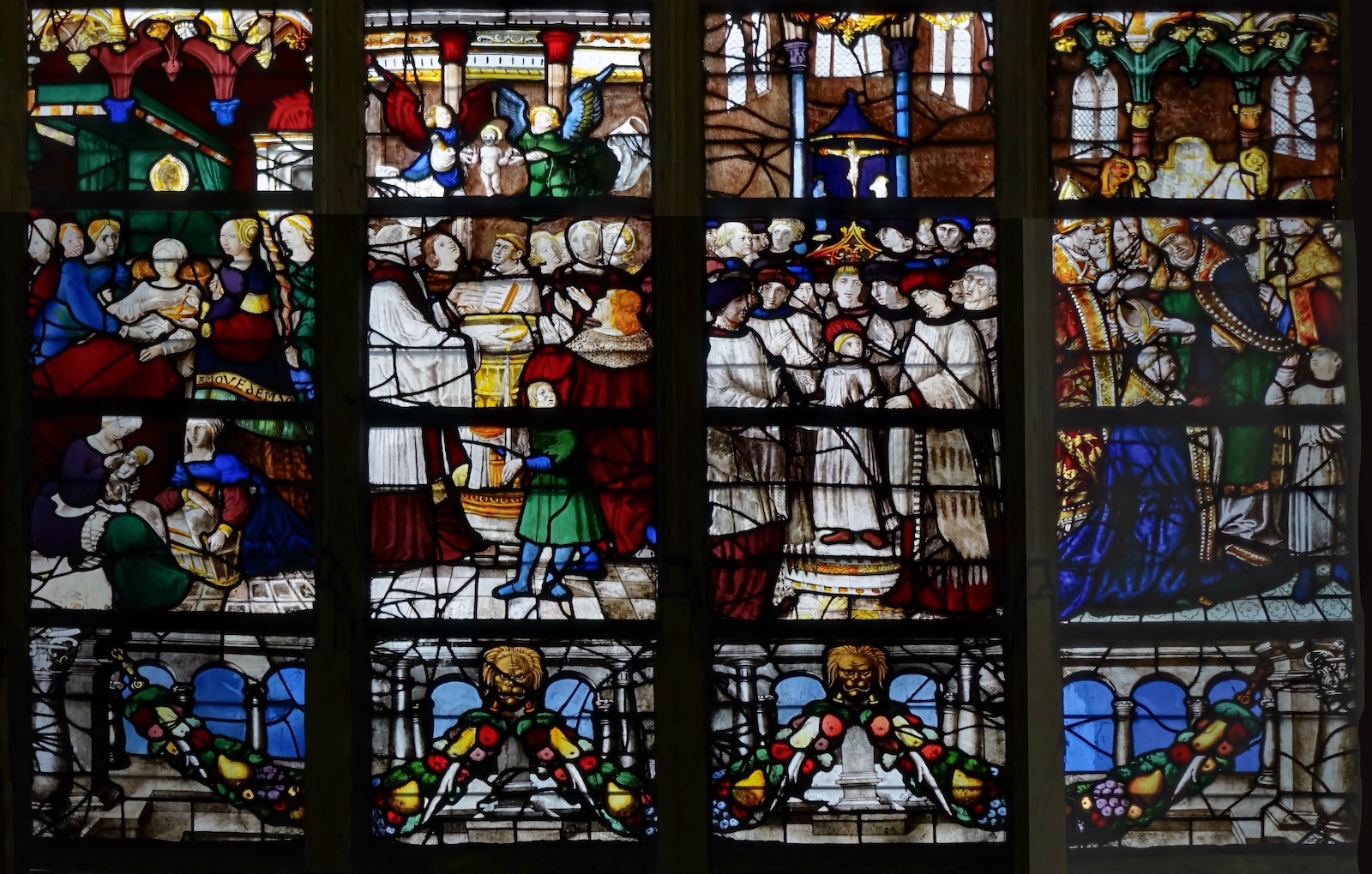 [1] naissance de Claude, vers 607 au château de Bracon, près de Salins dont son père était gouverneur [2] baptême de Claude [3] entrée de Claude en religion [4] le sacre de Claude