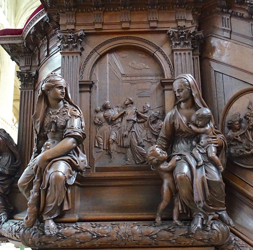 La Force (vertu cardinale) et la Charité (vertu théologale)<br>Etienne est conduit à son martyre hors de la ville