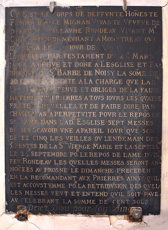 Pierre tombale de Jeanne Mignan veuve de Guillaume Rondeau chirurgien demeurant à Montreau