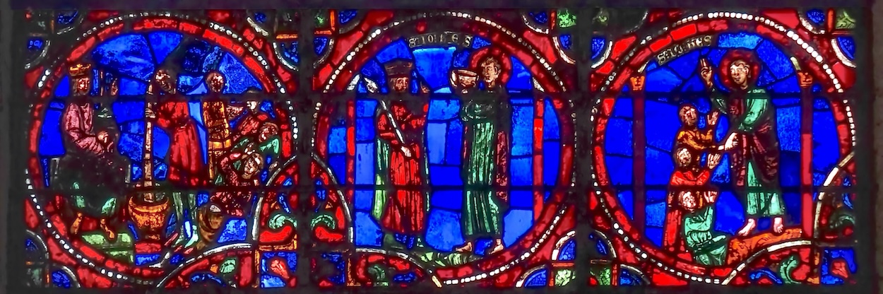 [7] Aristodème fait empoisonner les 3 condamnés à mort [8] Saint Jean boit la coupe empoisonnée [9] Saint Jean ressuscite les 3 condamnés à mort