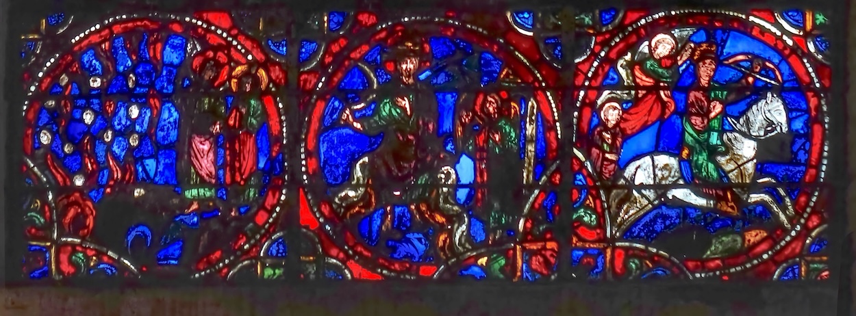 [1] un ange montre à Saint Jean la pluie de feu et de grêle [2] le Christ couronné tenant une faucille [3] un archer au cheval blanc couronné par un ange