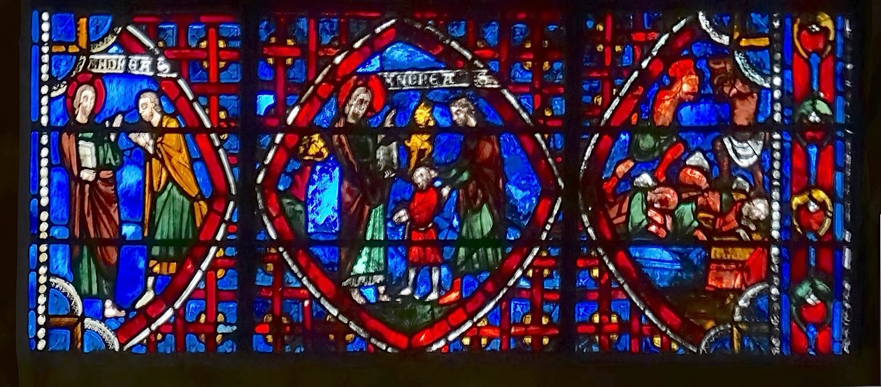 [1] Saint André et le vieux Nicolas [2] Saint André exorcise un enfant [3] Les démons lapident les habitants de Nicea