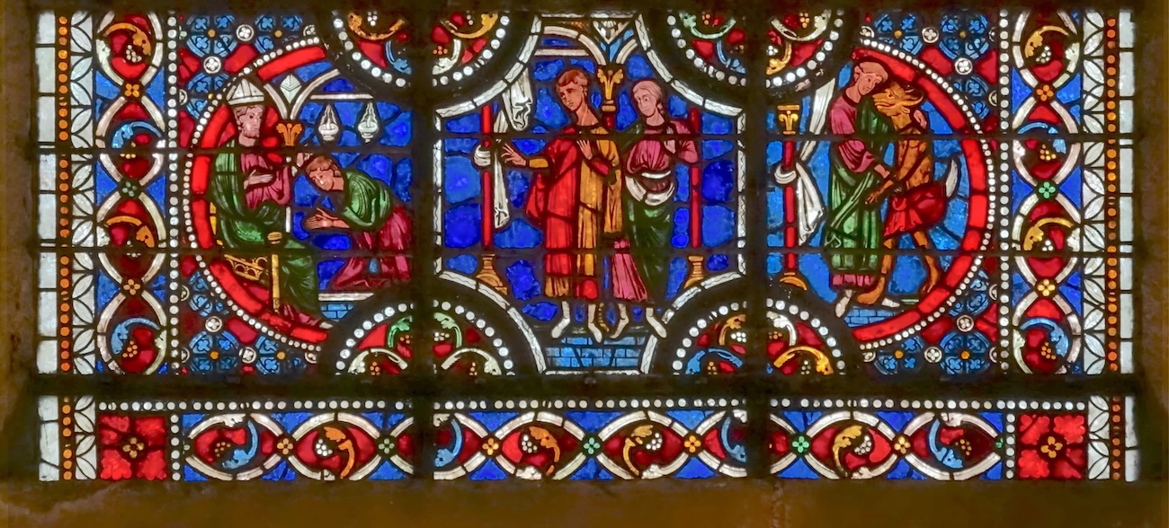 [1] Théophile devant l'évêque [2] Secours du magicien juif [3] Théophile vend son âme au diable