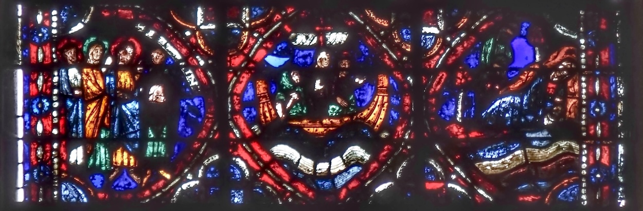 [7] Marie-Madeleine et deux hommes nimbés devant un diacre [8] le comte de Provence et son épouse partent en pélérinage à Rome et affrontent la tempête [9] le comte abandonne sur une île déserte les cadavres de son épouse et de son enfant nouveau-né