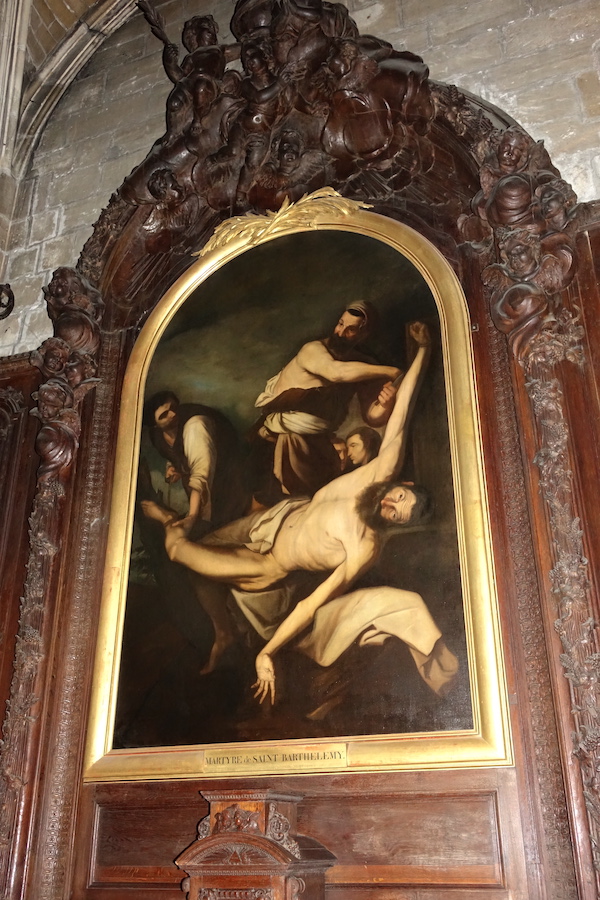 Tableau peint en 1848 par Cécile Humbert. Peinture interprétée du martyre de Saint Barthélémy du peintre espagnol Jusepe da Ribera (1591-1652)<br>Collégiale Notre-Dame - Poissy 78