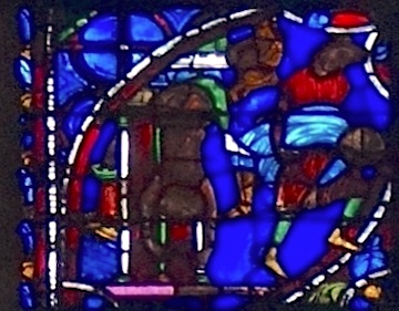 [5] Un jeune romain écoutait le prêche de Paul installé sur le bord d'une haute fenêtre. Il tomba et se tua. Ce panneau représente à la fois la chute (à gauche) et son évacuation (à droite).<br>Cathédrale Notre-Dame - Rouen 76