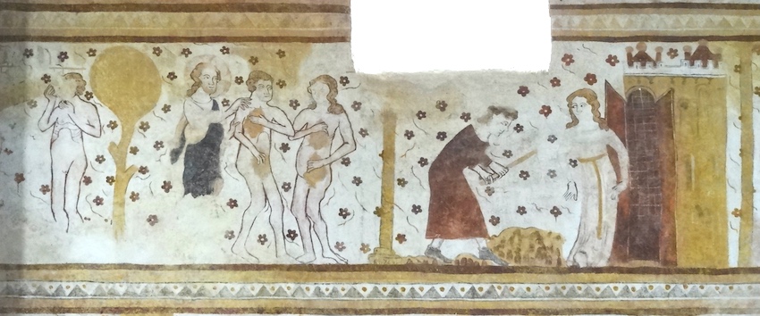 Adam croquant la pomme, Adam et Eve chassés du paradis, Adam et Eve travaillant<br>Eglise Saint Pierre - Moutiers-en-Puisaye 89