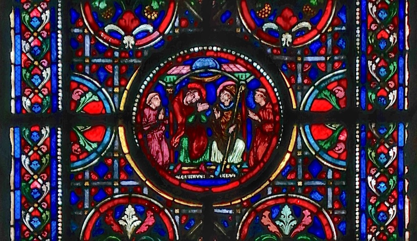 [5] arrivé en Provence, il devient pendant deux ans le disciple de saint Césaire, évêque d'Arles. Deux religieux agenouillés, dont un en prière, encadrent les deux saints