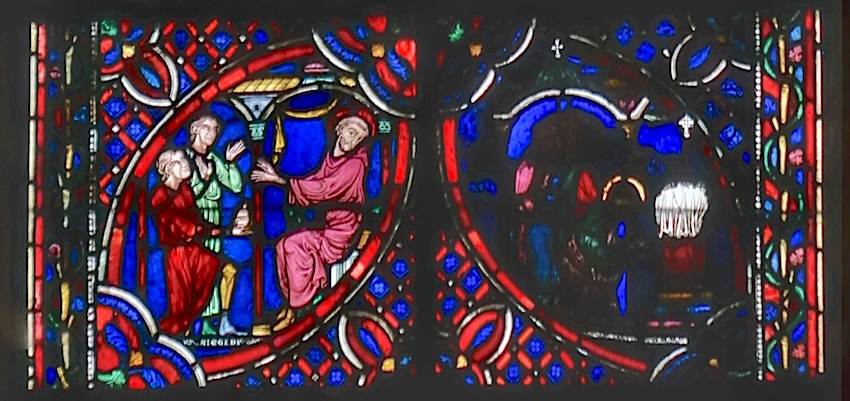 [7] à gauche, le saint ermite refuse les présents du roi Wamba. À droite, saint Gilles agenouillé célèbre la messe dans la chapelle castrale d'Orléans, en présence des membres de la Cour de Charlemagne