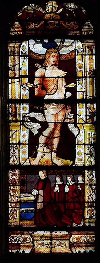 [2] saint Sébastien martyr, portrait du donateur (armoiries) et de ses 3 fils