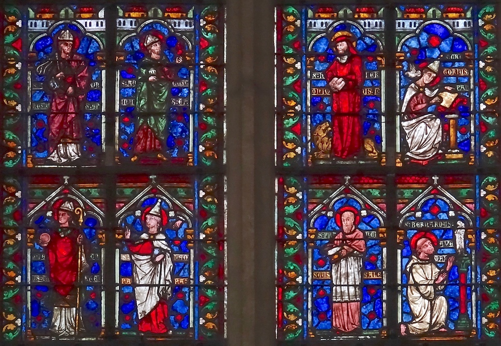haut : ?, St Augustin, St Jérôme, St Grégoire (pape) 
                            <br>bas : ?, St Leon (pape), St François de Sales, St Bernard