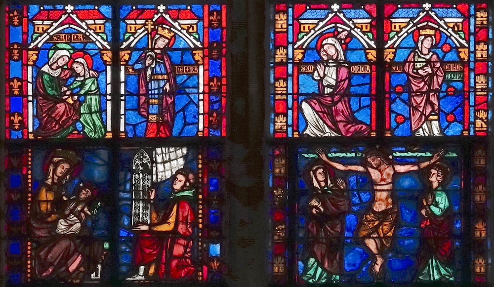Haut : Ste Anne, Ste Hélène, Ste Monique, Ste Clotilde (récent)<br>Bas : le travail des pelletiers et la Crucifixion (ancien)