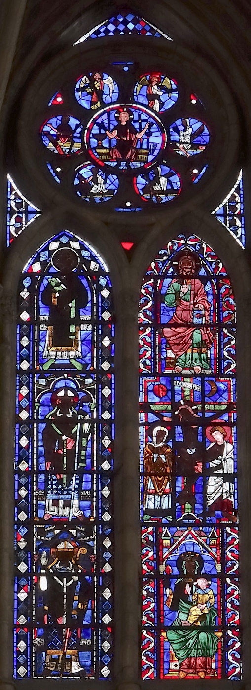 Baie 200 : À gauche : Saints Alpin, Memmie et Etienne, à droite : Vierge à l'Enfant, Calvaire, Christ en gloire