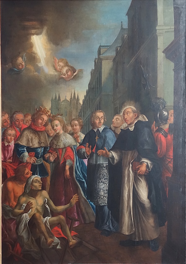 Saint Vincent Ferrier accueilli à Vannes par le Duc et la Duchesse de Bretagne, en présence de l'évêque Amaury de La Motte, et guérissant un paralytique