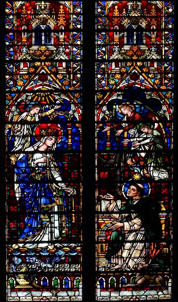 Dominique de Guzmán recevant le rosaire des mains de la Vierge
