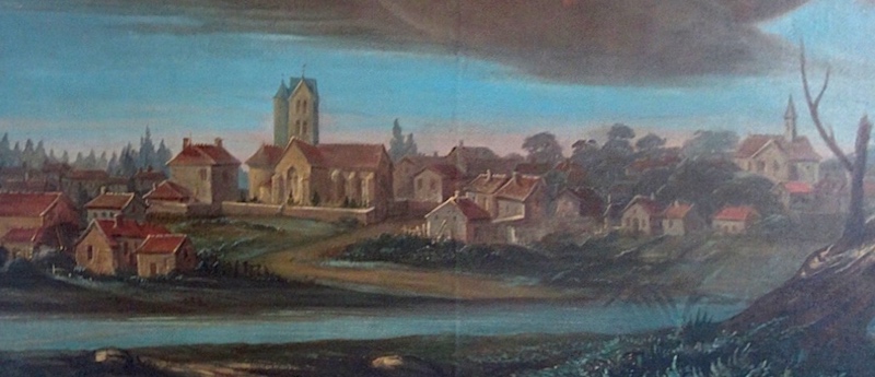 extrait du tableau l'apothéose de saint Germain <br />à gauche, l'actuelle église st Germain, <br />à droite, l'église st Georges aujourd'hui disparue
