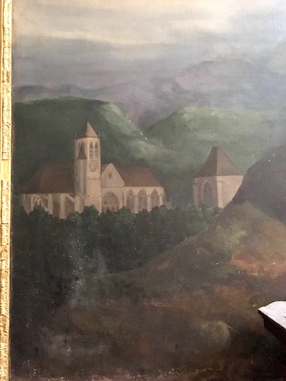 détail : l'église de Moret, dans un décor montagneux