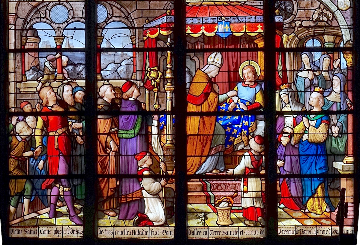 Comme Saint Louis pris à Pontoise de très cruelle maladie fit voeu d'aller en terre sainte et reçut de l'évêque de Paris la croix d'outremer