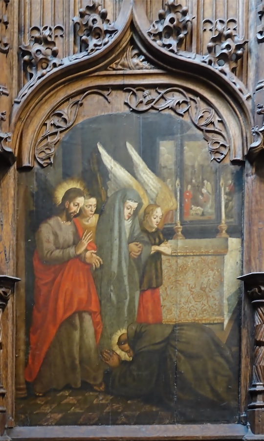 François prosterné devant une apparition de la Vierge et du Christ