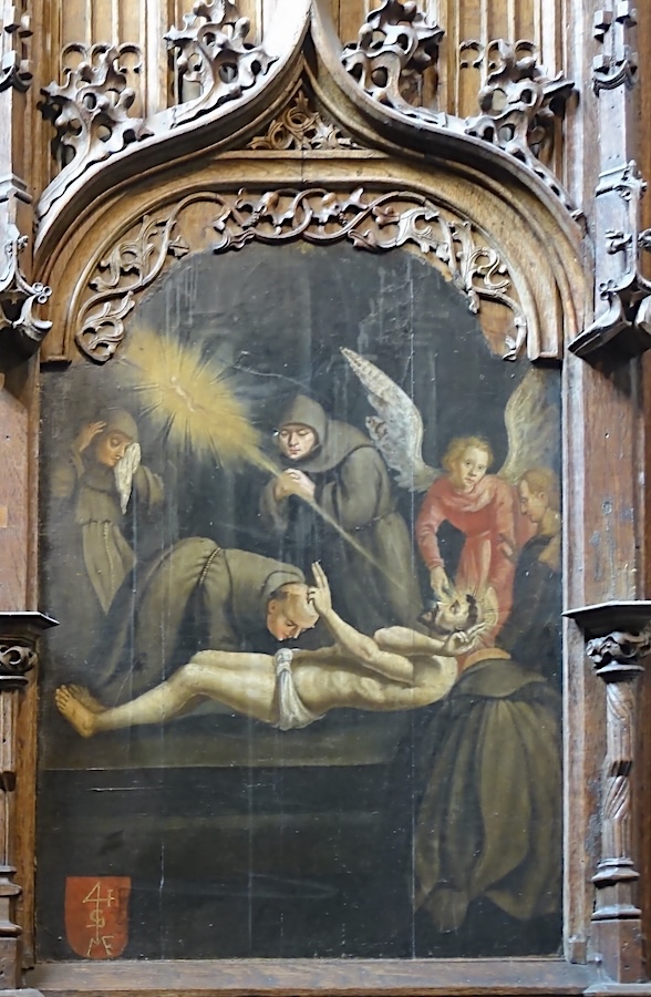 mort de saint François entouré d’anges et bénissant ses frères par ses bras entrecroisés