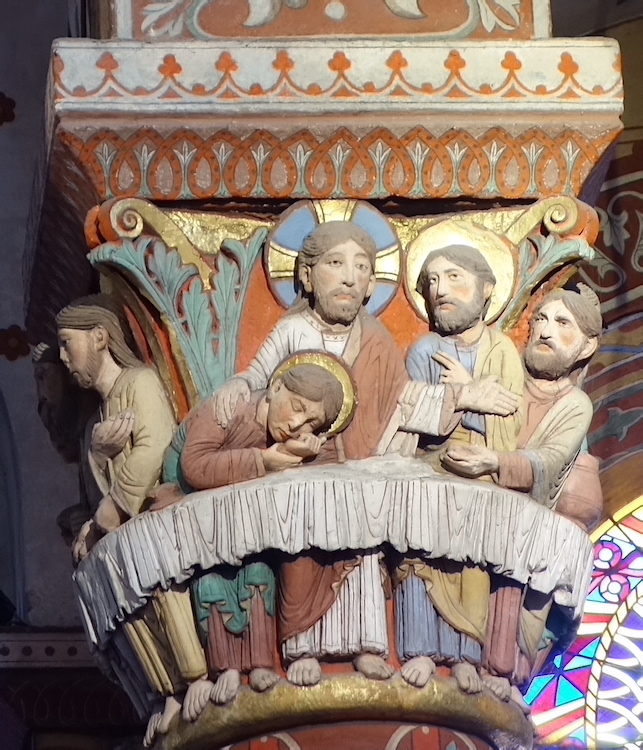 La cène (Judas est à droite, c'est le seul qui n'a pas de nimbe)<br>Abbatiale St Austremoine - Issoire 63
