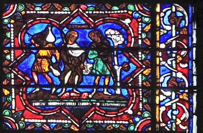 [10] Le fils ainé est représenté au centre de ce panneau. Il tient à la main son bâton de gardien de troupeau.<br>Cathédrale Saint Etienne - Sens 89