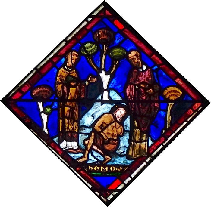 [7] Un prêtre et un lévite passent devant le blessé sans le secourir.<br>Cathédrale Saint Etienne - Sens 89