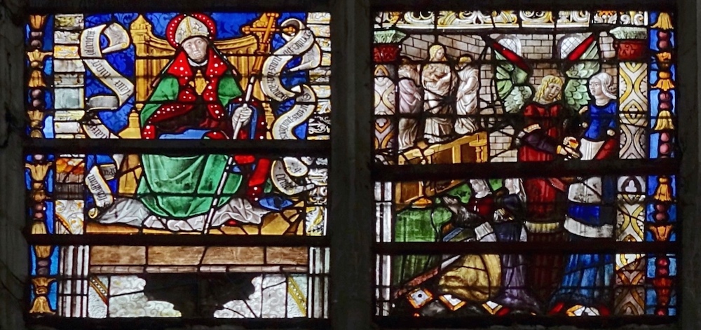 [1] Saint-Nizier sur un trône [2] Un ange donne une bourse à une femme (scène liée à l'iconographie mariale)