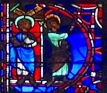 [17] Paul, à droite, prêche pour apaiser la foule. A gauche, Pierre dans un palais.<br>Cathédrale Notre-Dame - Rouen 76